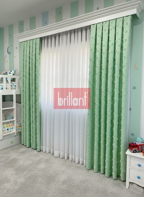 (yesil) Yeşil Renk Çocuk Odası Ponponlu Pufy Fon Perde 1/3 SIK Pile - 5