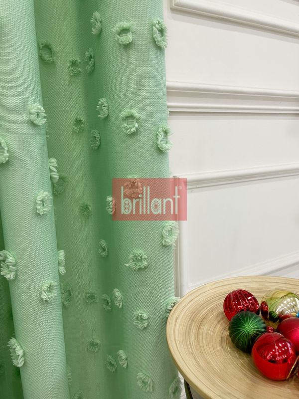 (yesil) Yeşil Renk Çocuk Odası Ponponlu Pufy Fon Perde 1/3 SIK Pile - 7