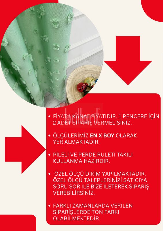(yesil) Yeşil Renk Çocuk Odası Ponponlu Pufy Fon Perde 1/3 SIK Pile - 8