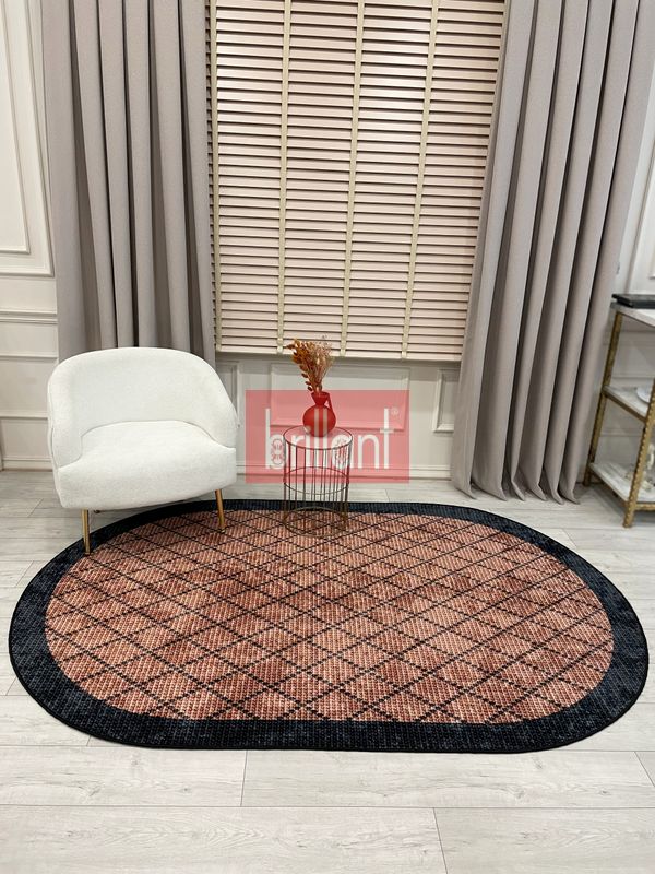 (kahve-oval) KAHVERENGİ-SİYAH Jüt Sisal Görünüm Bordürlü Kaymaz Taban Yolluk Halı - 2