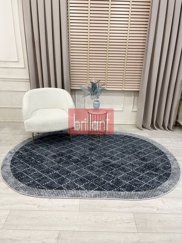 (mavi-oval) LACİVERT-GRİ Jüt Sisal Görünüm Bordürlü Kaymaz Taban Yolluk Halı - 2