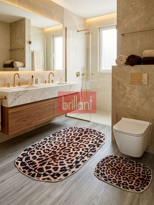 (kahverengi) 2'li Leopar Desen Lateks Taban Banyo Paspası (70x110-45x55) - 2