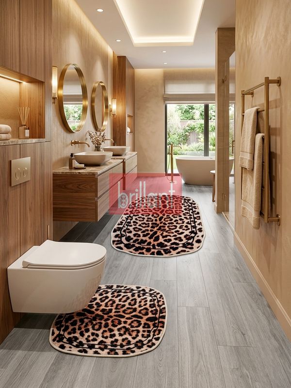 (kahverengi) 2'li Leopar Desen Lateks Taban Banyo Paspası (70x110-45x55) - 3