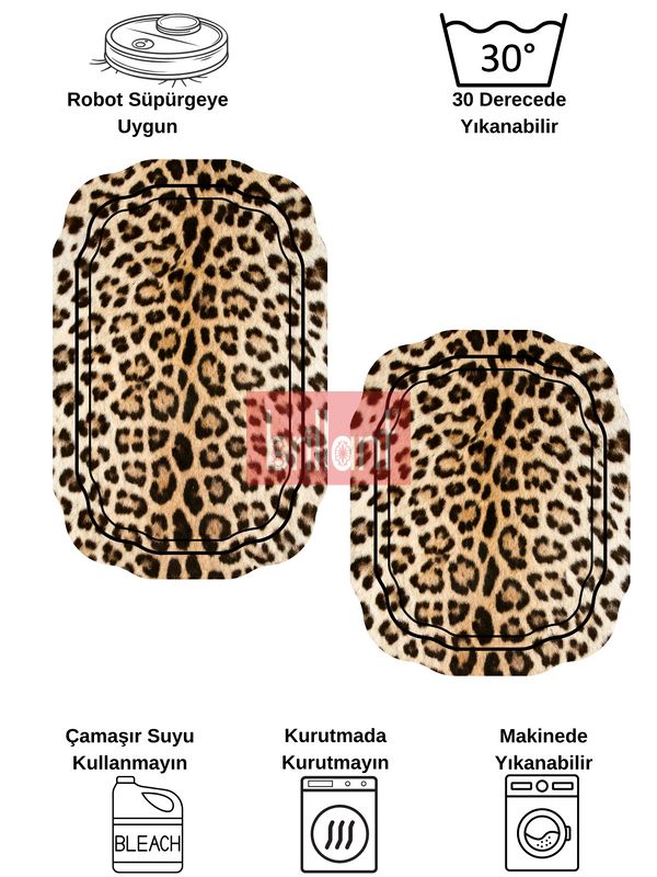 (kahverengi) 2'li Leopar Desen Lateks Taban Banyo Paspası (70x110-45x55) - 5
