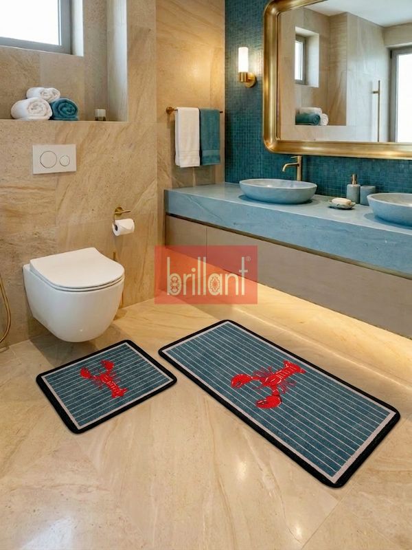 (mavi) 2'li Istakoz Desen Lateks Taban Banyo Paspası (60X100-60x50) - 2