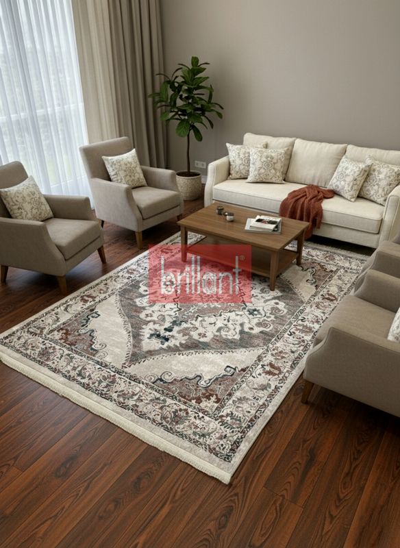 (bej) Göbekli Damask Desenli Lateks Taban Salon Halısı - 2