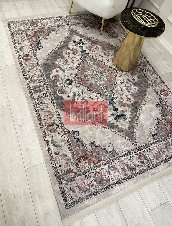 (bej) Göbekli Damask Desenli Lateks Taban Salon Halısı - 3