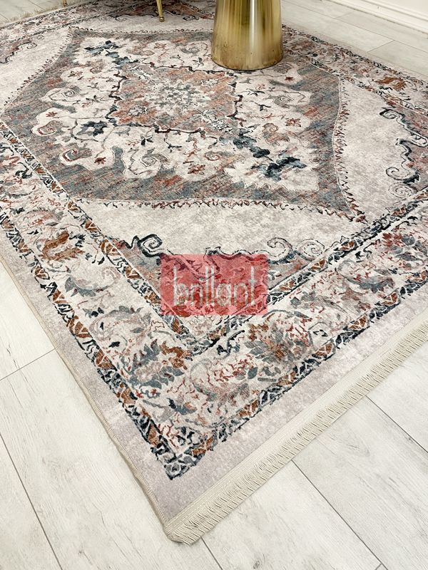 (bej) Göbekli Damask Desenli Lateks Taban Salon Halısı - 4