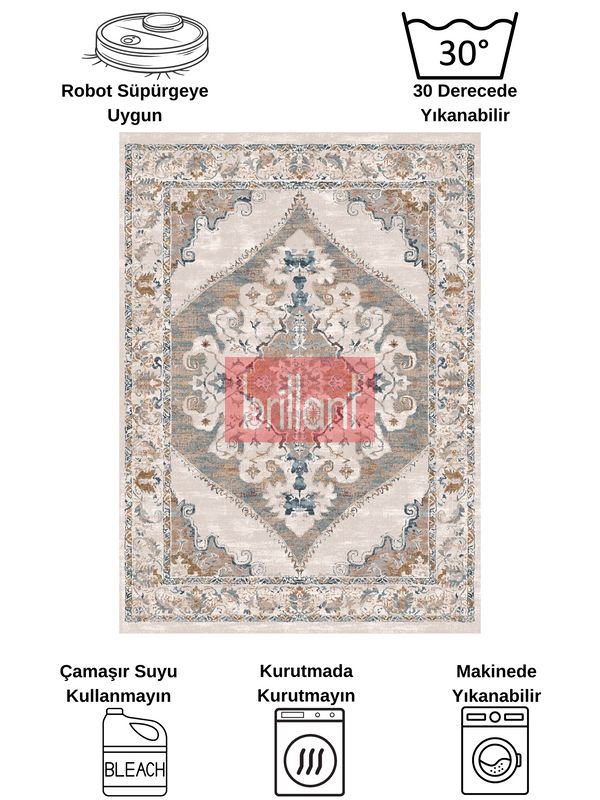 (bej) Göbekli Damask Desenli Lateks Taban Salon Halısı - 7