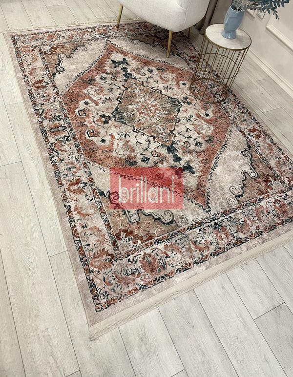 (kahverengi) Göbekli Damask Desenli Lateks Taban Salon Halısı - 3