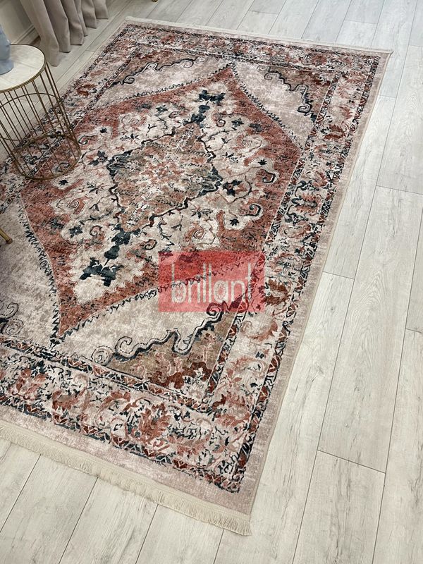 (kahverengi) Göbekli Damask Desenli Lateks Taban Salon Halısı - 4