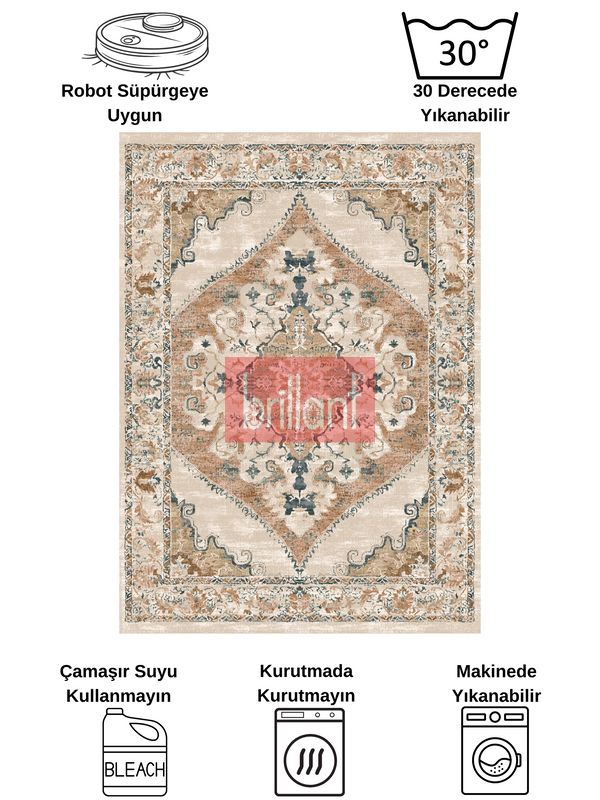 (kahverengi) Göbekli Damask Desenli Lateks Taban Salon Halısı - 7