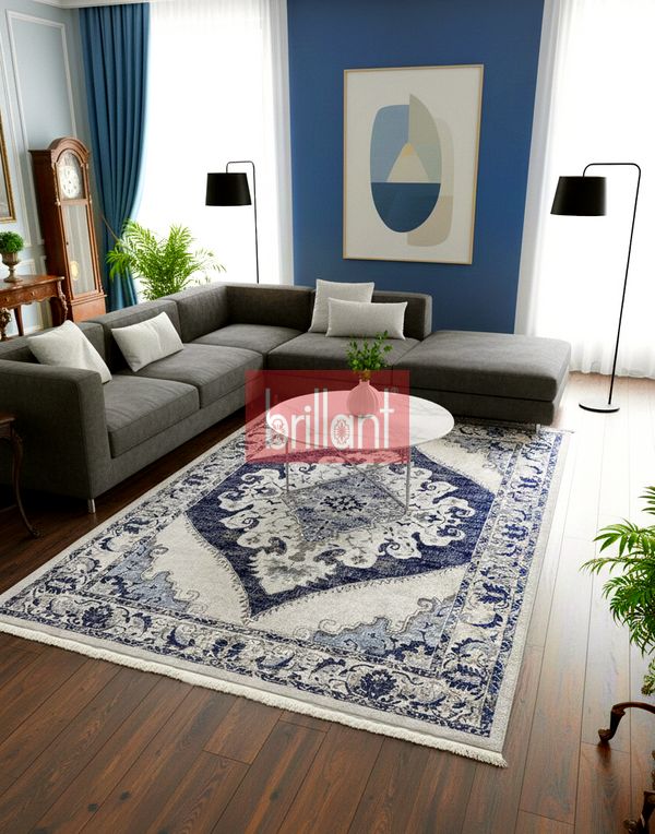 (lacivert) Göbekli Damask Desenli Lateks Taban Salon Halısı - 2