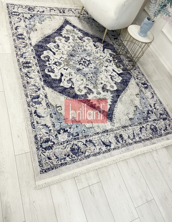 (lacivert) Göbekli Damask Desenli Lateks Taban Salon Halısı - 3