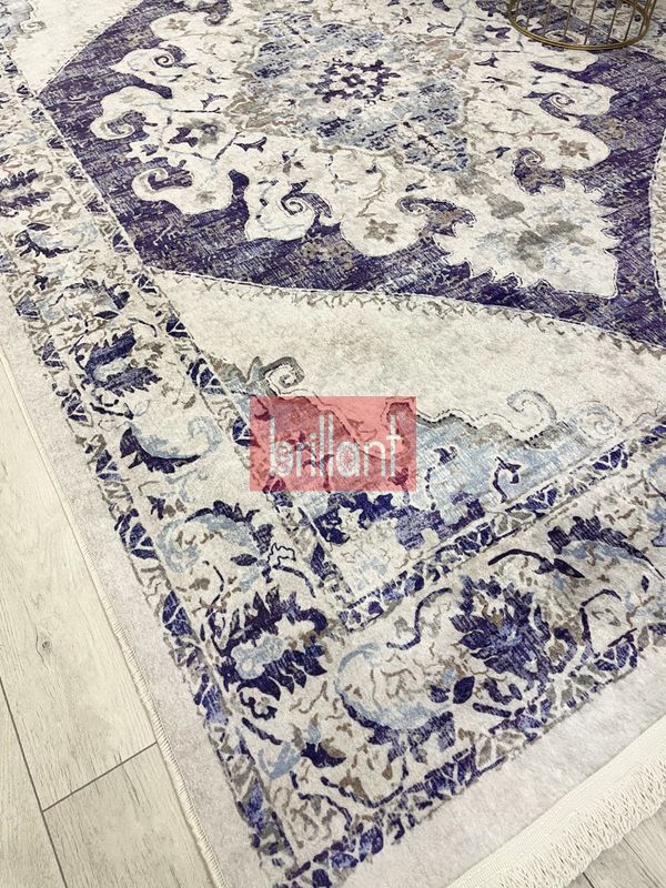 (lacivert) Göbekli Damask Desenli Lateks Taban Salon Halısı - 5