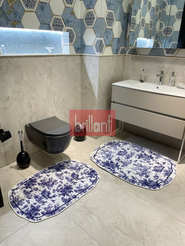 (mavi) Toile de Jouy Temalı Lateks Taban Banyo Paspası (80X120) - 2