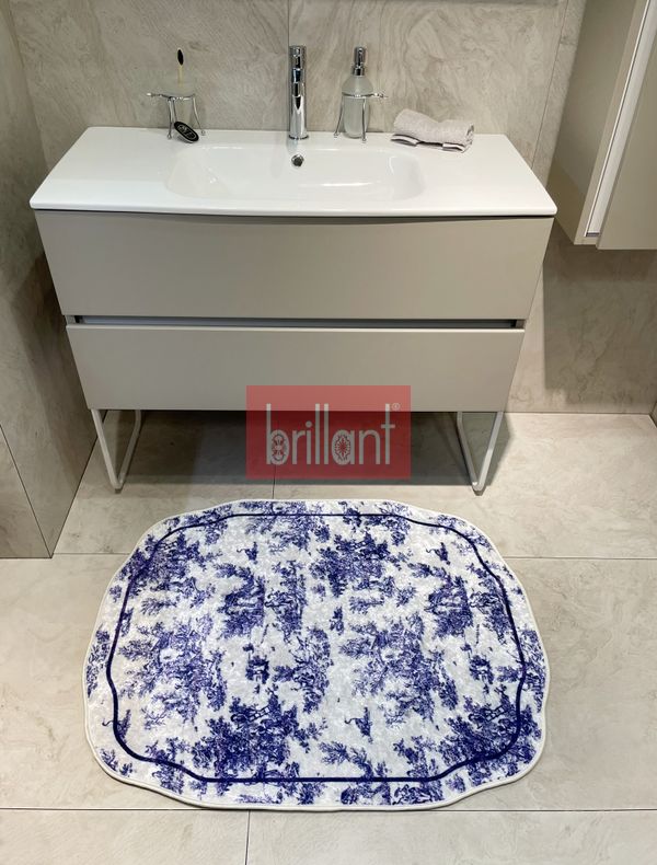 (mavi) Toile de Jouy Temalı Lateks Taban Banyo Paspası (80X120) - 3