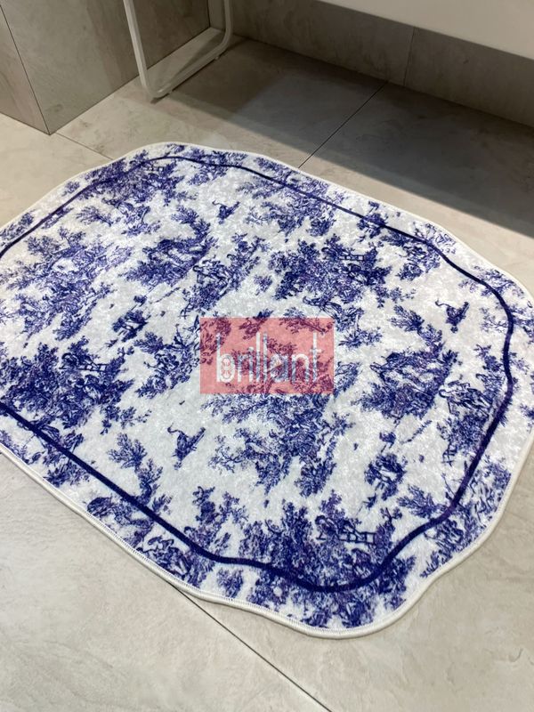 (mavi) Toile de Jouy Temalı Lateks Taban Banyo Paspası (80X120) - 5