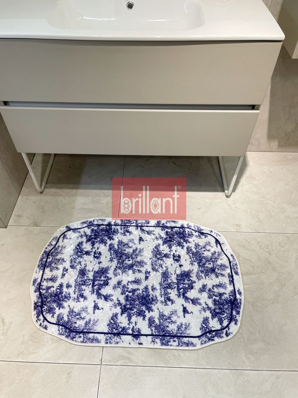 (mavi) Toile de Jouy Temalı Lateks Taban Banyo Paspası (80X120) - 6