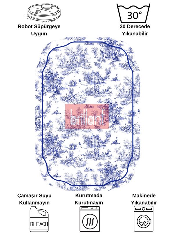(mavi) Toile de Jouy Temalı Lateks Taban Banyo Paspası (80X120) - 8