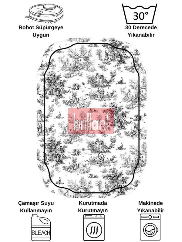 (siyah) Toile de Jouy Temalı Tekli Lateks Taban Banyo Paspası (45x55) - 8