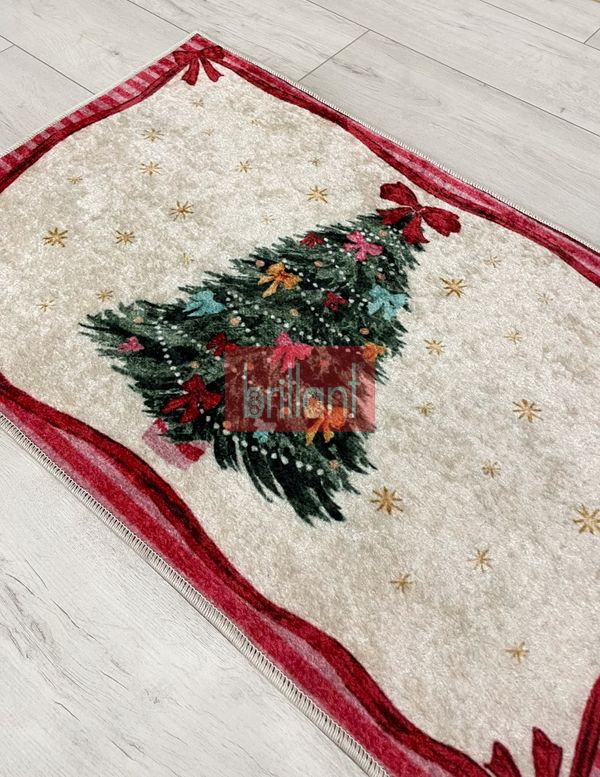 (bej) Yılbaşı Temalı Kapıönü Ağaç Altı Paspası Bej-Kırmızı (60x90) - 3