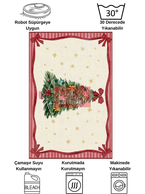 (bej) Yılbaşı Temalı Kapıönü Ağaç Altı Paspası Bej-Kırmızı (60x90) - 5