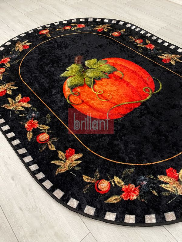 (siyah) Balkabağı Desen Bordürlü Oval Mutfak Halısı - 3
