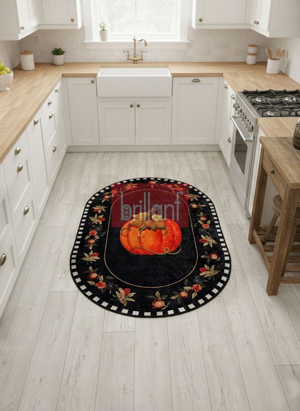 (siyah) Balkabağı Desen Bordürlü Oval Mutfak Halısı - 4