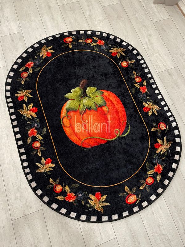 (siyah) Balkabağı Desen Bordürlü Oval Mutfak Halısı - 5