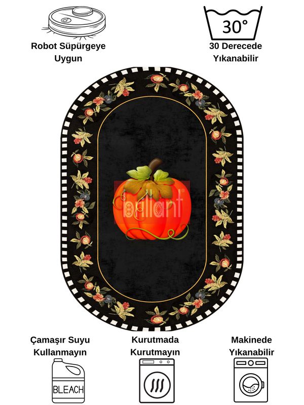 (siyah) Balkabağı Desen Bordürlü Oval Mutfak Halısı - 7
