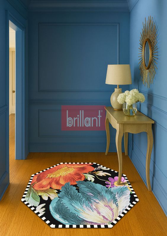 (siyah) Sekizgen Dama Desen Çiçekli Lateks Taban Halı - 2