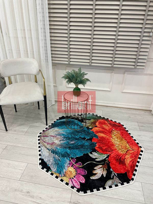 (siyah) Sekizgen Dama Desen Çiçekli Lateks Taban Halı - 3