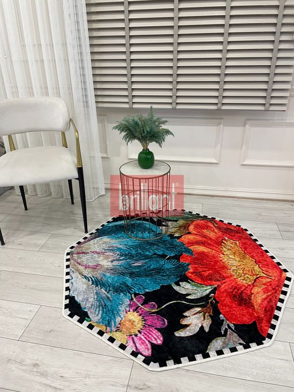 (siyah) Sekizgen Dama Desen Çiçekli Lateks Taban Halı - 4