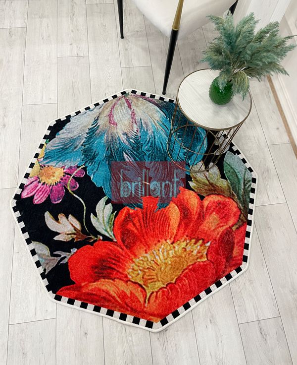 (siyah) Sekizgen Dama Desen Çiçekli Lateks Taban Halı - 5