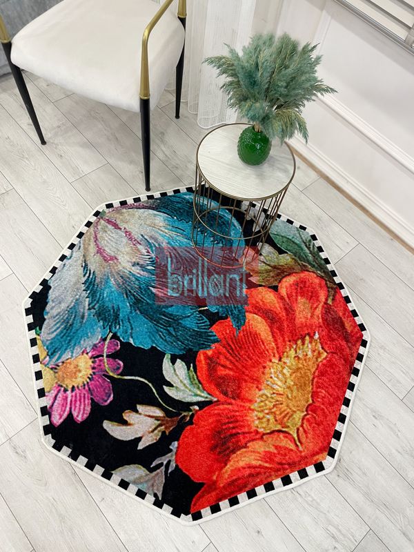 (siyah) Sekizgen Dama Desen Çiçekli Lateks Taban Halı - 6