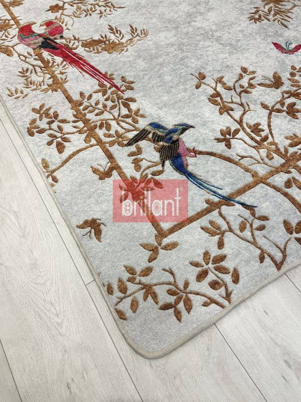 (gri) GRİ- Nakış İşleme Görünümlü Kuşlu Lateks Taban Yolluk Halı - 3