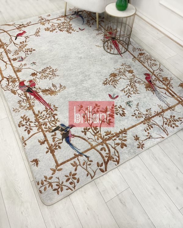 (gri) GRİ- Nakış İşleme Görünümlü Kuşlu Lateks Taban Yolluk Halı - 5