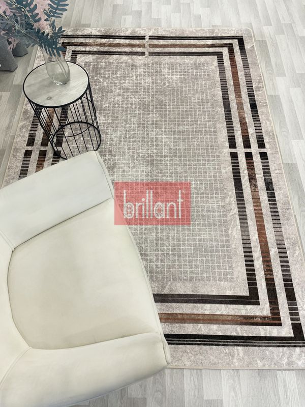 (bej) BEJ Renk Çizgi Desenli Kaymaz Taban Çerçeveli Halı - 3