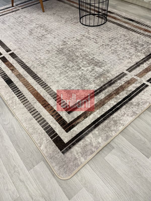 (bej) BEJ Renk Çizgi Desenli Kaymaz Taban Çerçeveli Halı - 4