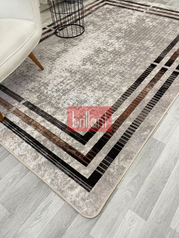 (bej) BEJ Renk Çizgi Desenli Kaymaz Taban Çerçeveli Halı - 5