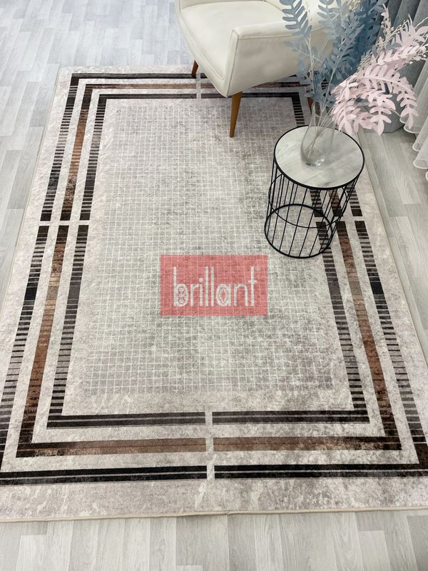 (bej) BEJ Renk Çizgi Desenli Kaymaz Taban Çerçeveli Halı - 6