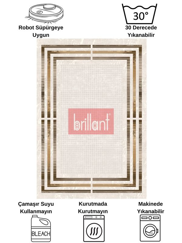 (bej) BEJ Renk Çizgi Desenli Kaymaz Taban Çerçeveli Halı - 8