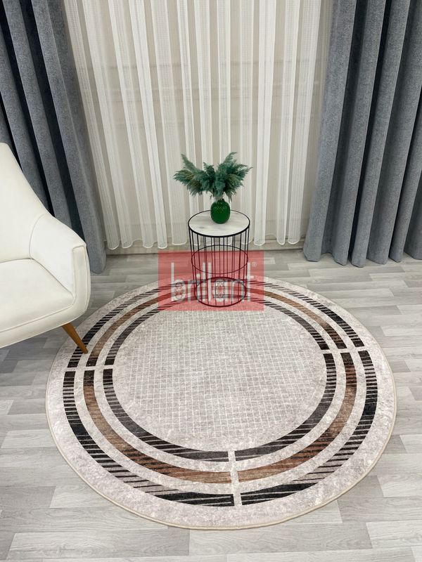 (duz-renk) BEJ Renk Çizgi Desenli Kaymaz Taban Çerçeveli Halı - 2