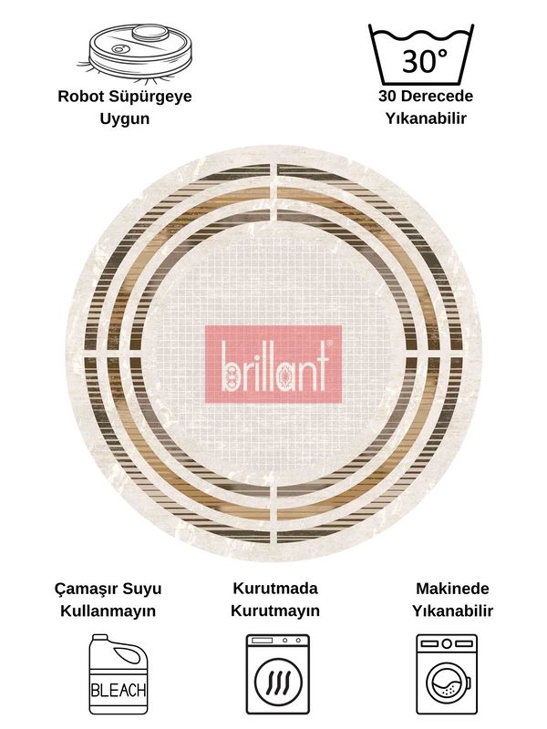 (duz-renk) BEJ Renk Çizgi Desenli Kaymaz Taban Çerçeveli Halı - 6