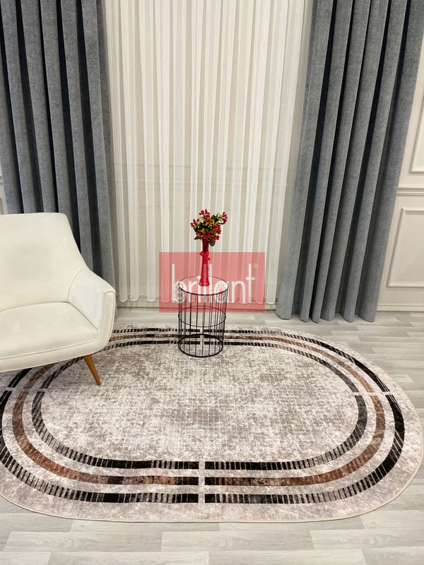 (bej-oval) BEJ Renk Çizgi Desenli Kaymaz Taban Çerçeveli Halı - 2