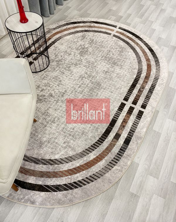(bej-oval) BEJ Renk Çizgi Desenli Kaymaz Taban Çerçeveli Halı - 3