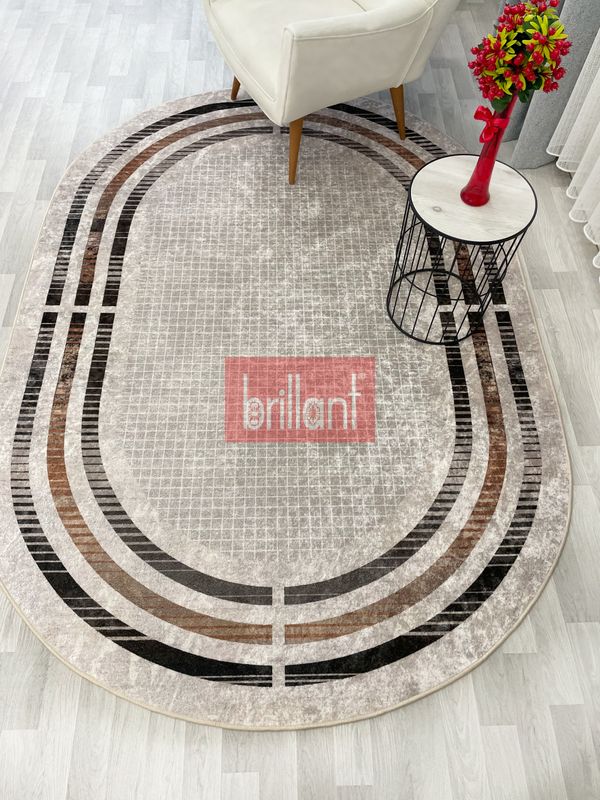 (bej-oval) BEJ Renk Çizgi Desenli Kaymaz Taban Çerçeveli Halı - 4