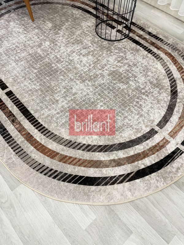 (bej-oval) BEJ Renk Çizgi Desenli Kaymaz Taban Çerçeveli Halı - 5