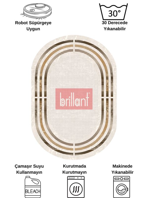 (bej-oval) BEJ Renk Çizgi Desenli Kaymaz Taban Çerçeveli Halı - 7